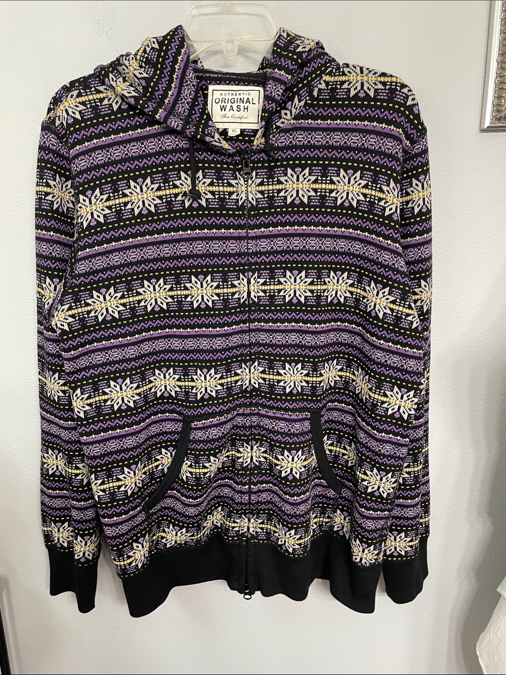 Authentic Original Wash Fair Isle Knit Zip-Up Hoodie Jacket - Purple & Black XL